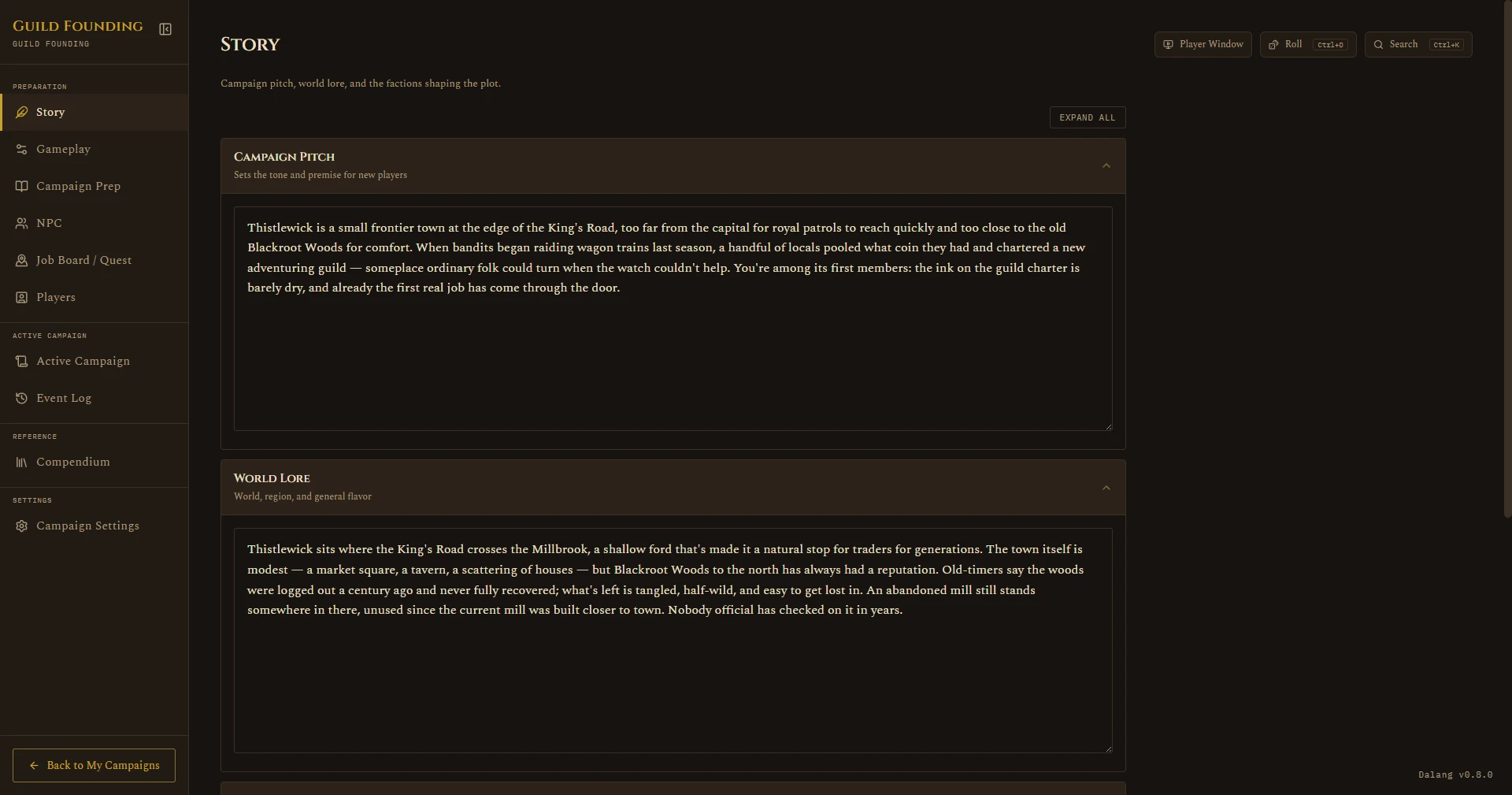 Sidebar with the four groups: Preparation, Active Campaign, Reference, Settings