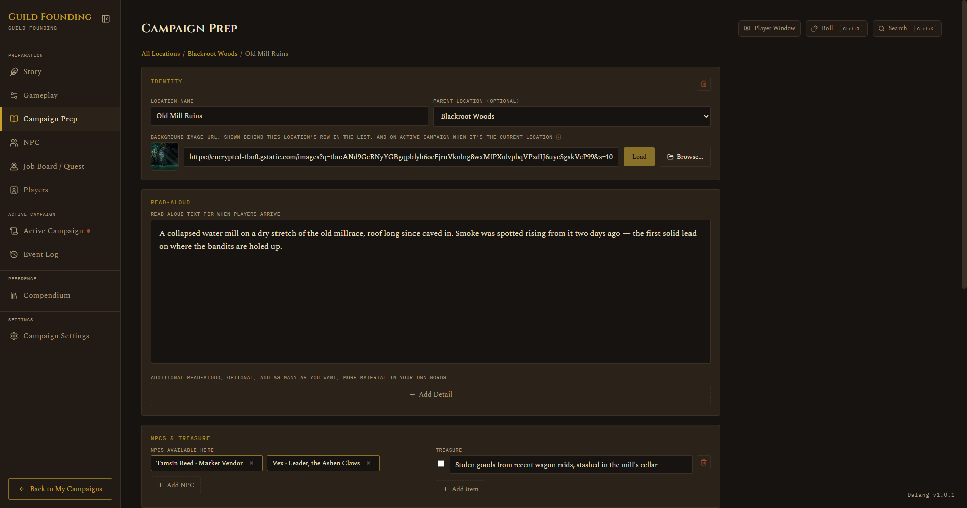 Location detail view, background image field showing the Load/Browse thumbnail preview
