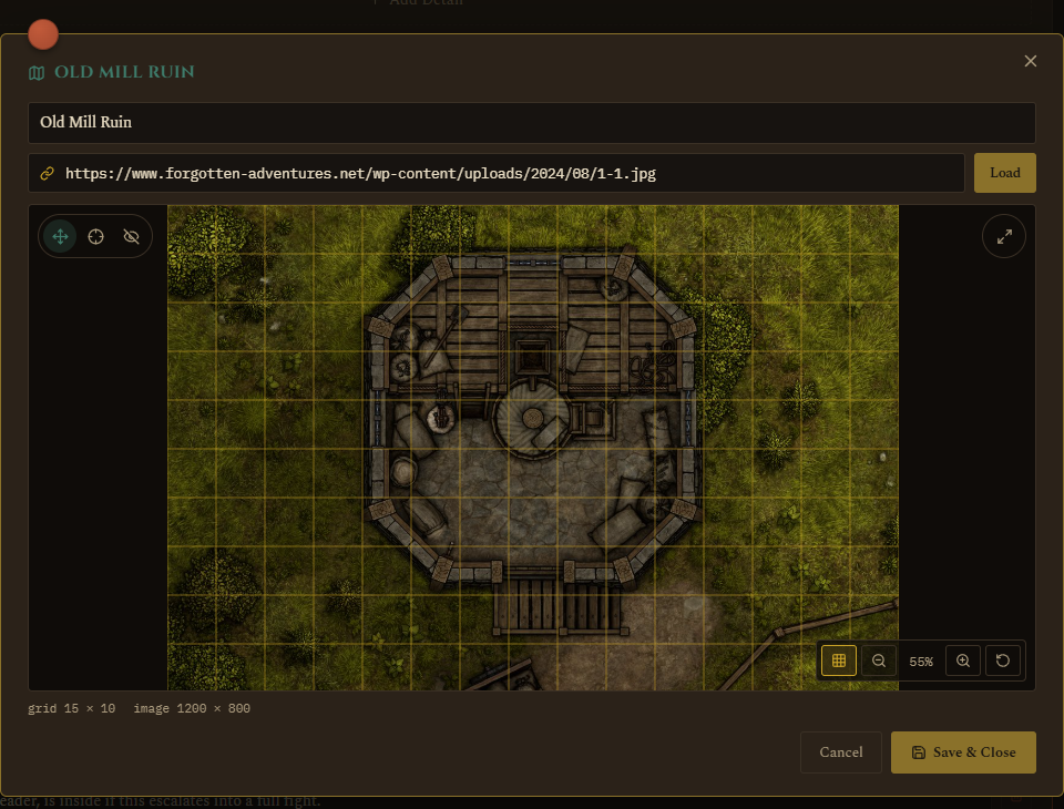 Map calibration mode with the brass and teal handles placed, plus Grid Style controls