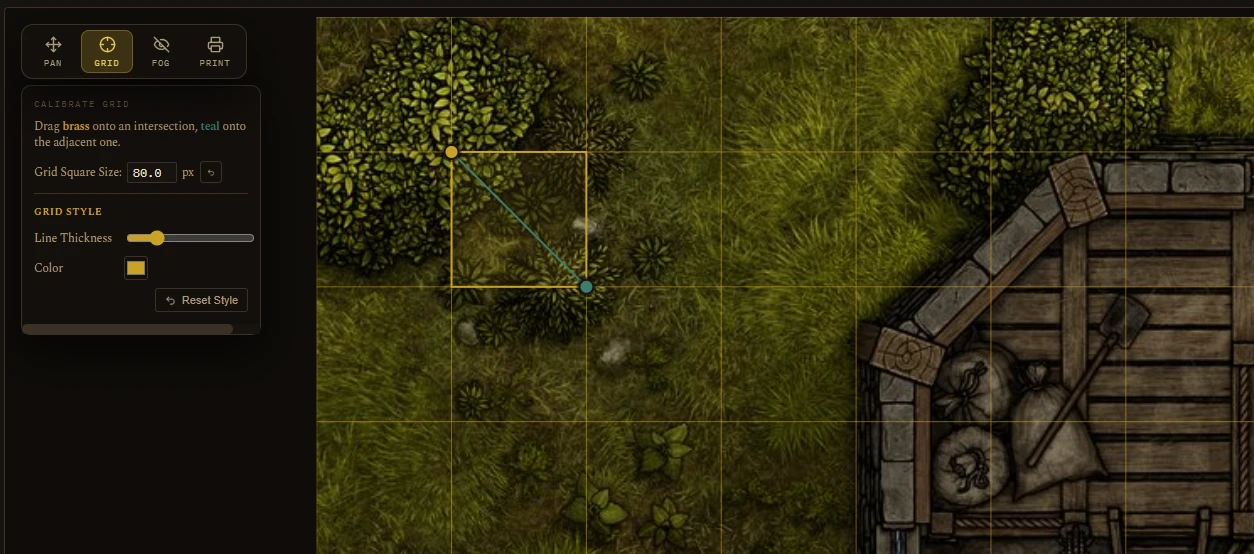 Map calibration mode with the brass and teal handles placed, plus Grid Style controls