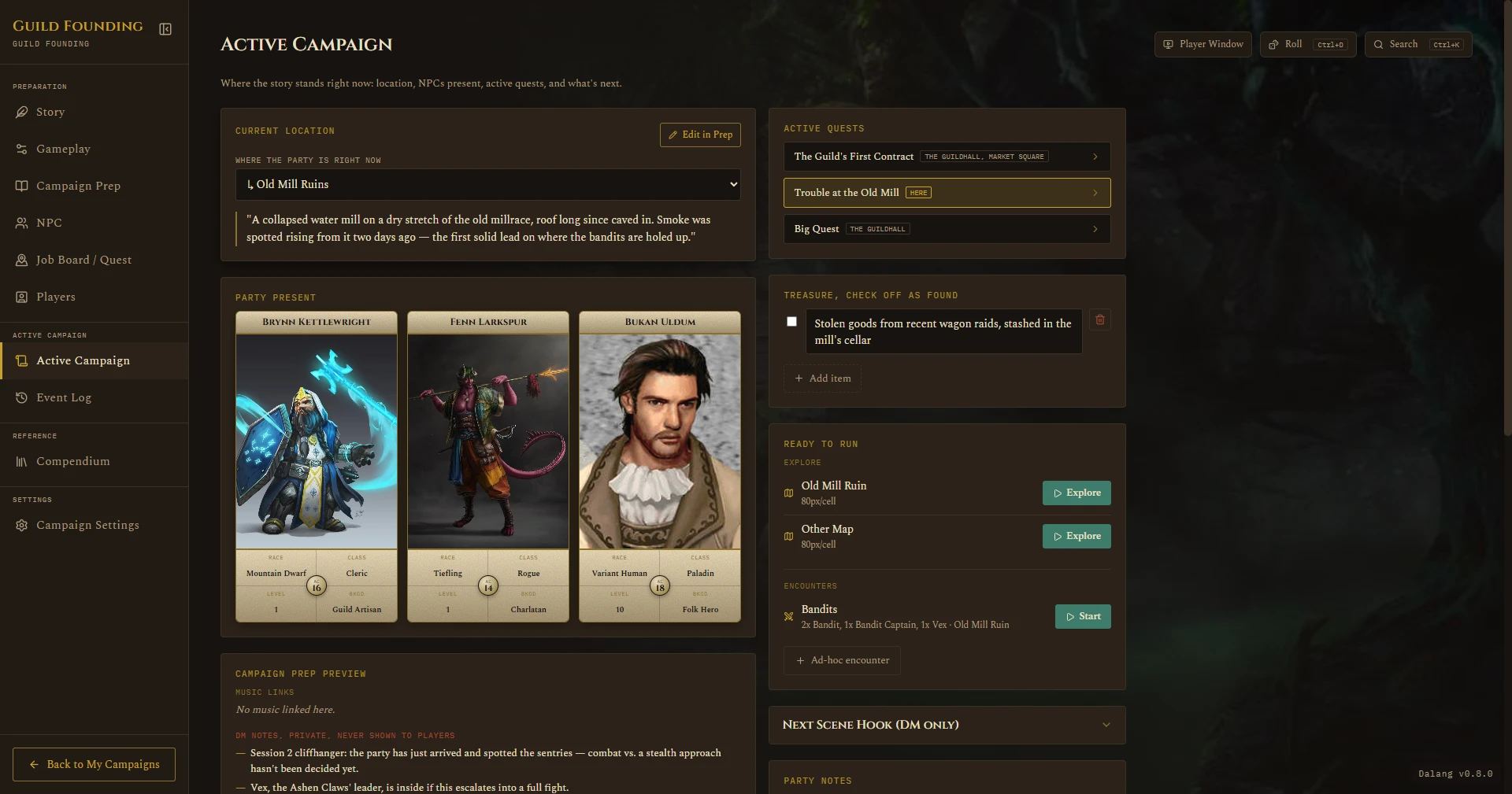 Active Campaign hub with the Encounters card and Start button