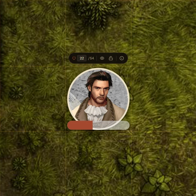 Live battle map mid-combat with a token's quick-action popup open