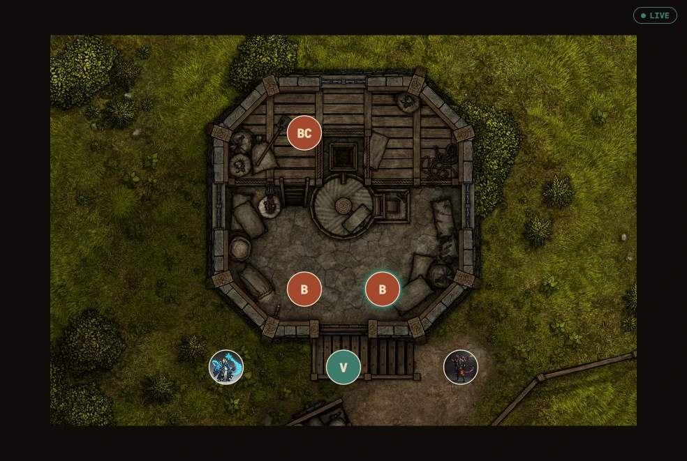 Player Window showing the live battle map with the LIVE badge