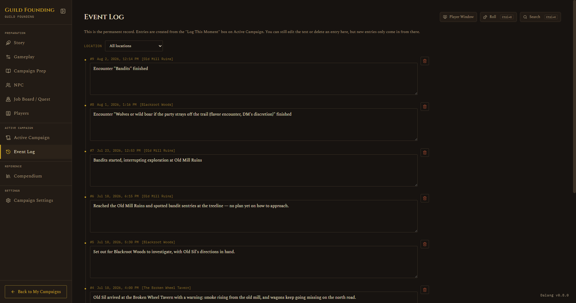 Event Log timeline with a few entries