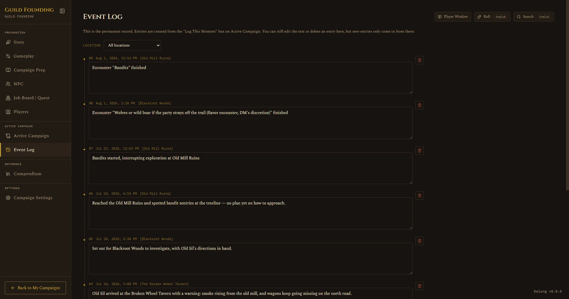 Event Log timeline with a few entries