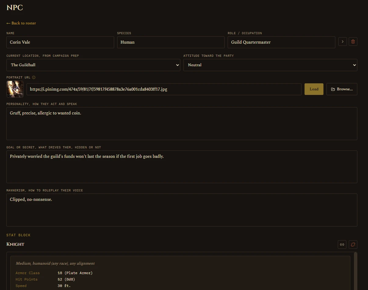 NPC detail sheet, personality, goal or secret, mannerism, portrait preview