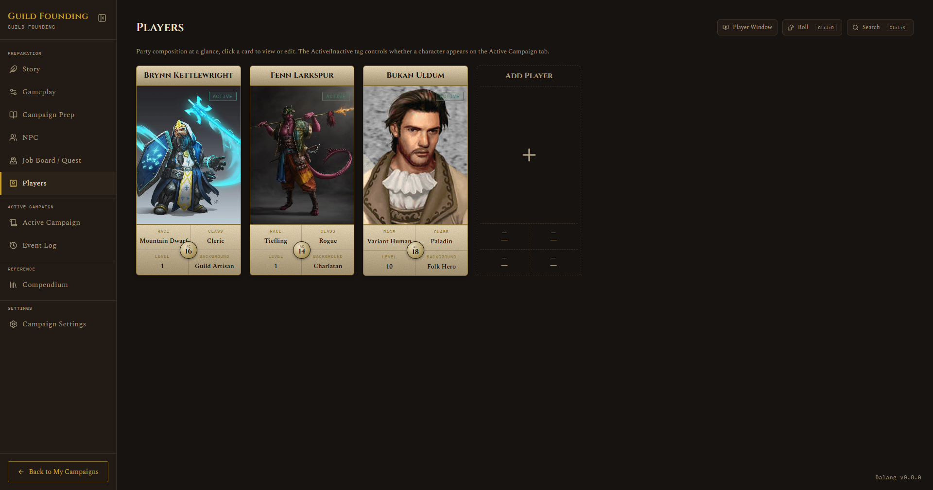 Players roster, tarot-card style