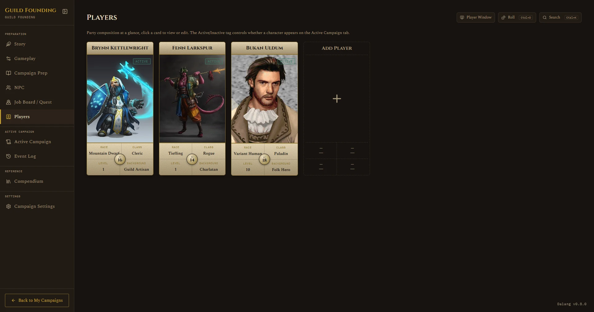 Players roster, tarot-card style