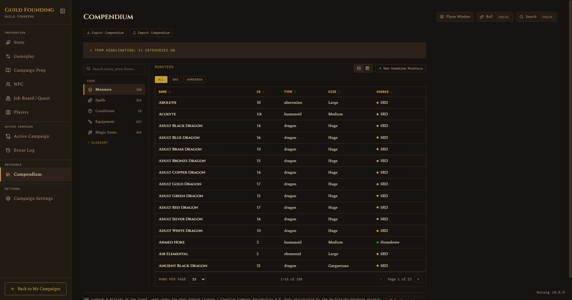 Compendium, Monsters table view with pagination