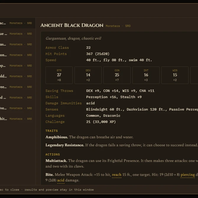 Compendium quick search, results and a stat block preview in one window