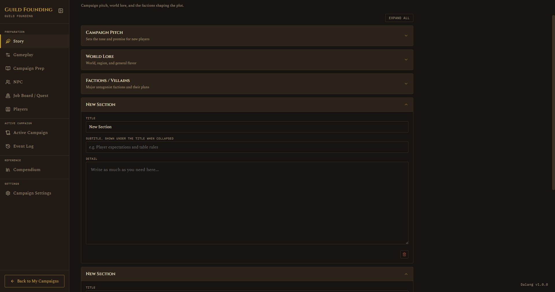 Story tab with a custom section being added, showing Title, Subtitle, and Detail fields