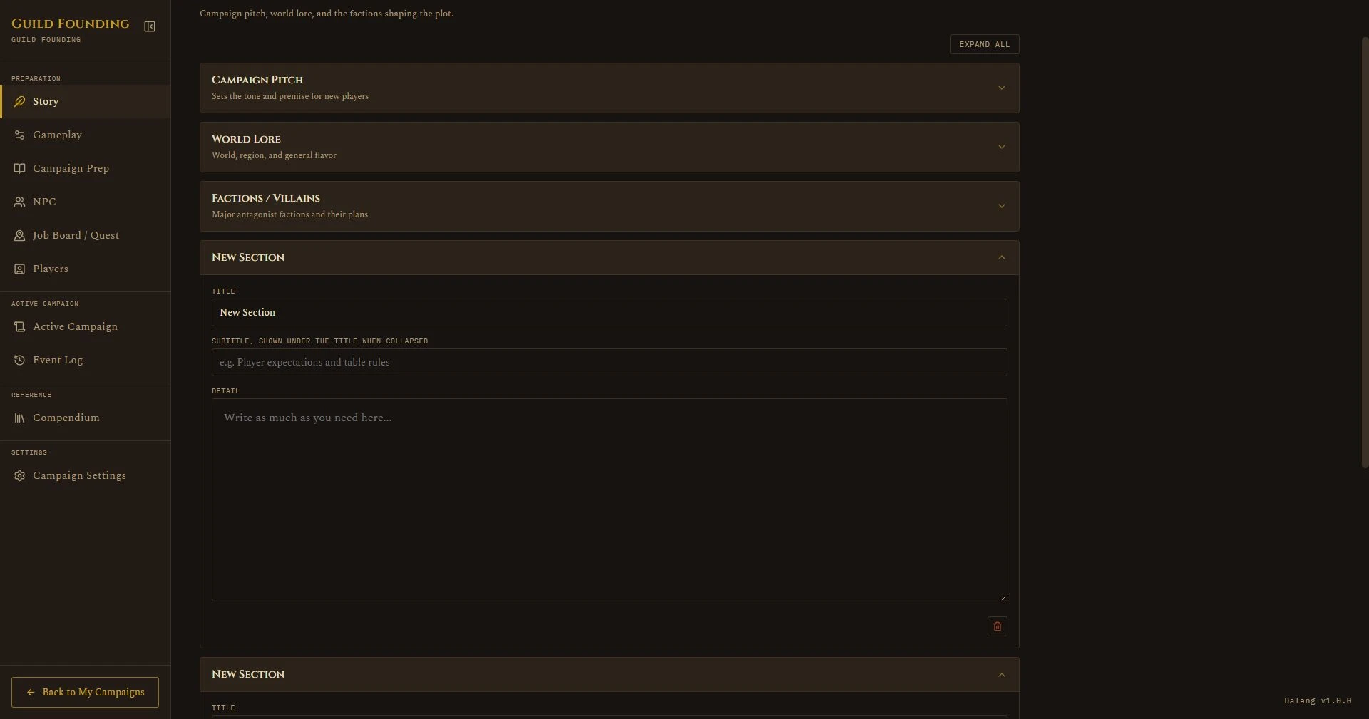 Story tab with a custom section being added, showing Title, Subtitle, and Detail fields