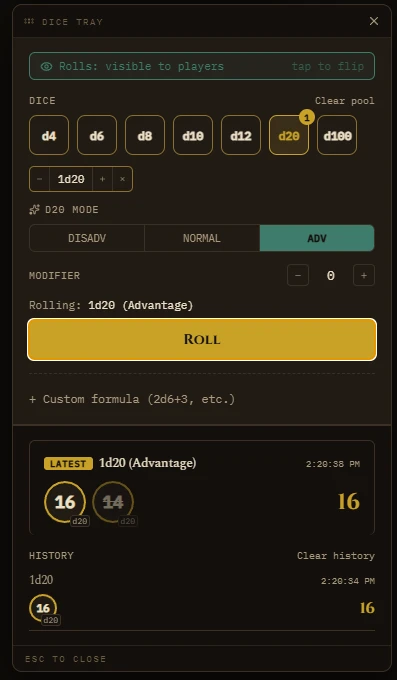 Dice tray with an Advantage pool roll in history and a rolled formula as the latest result