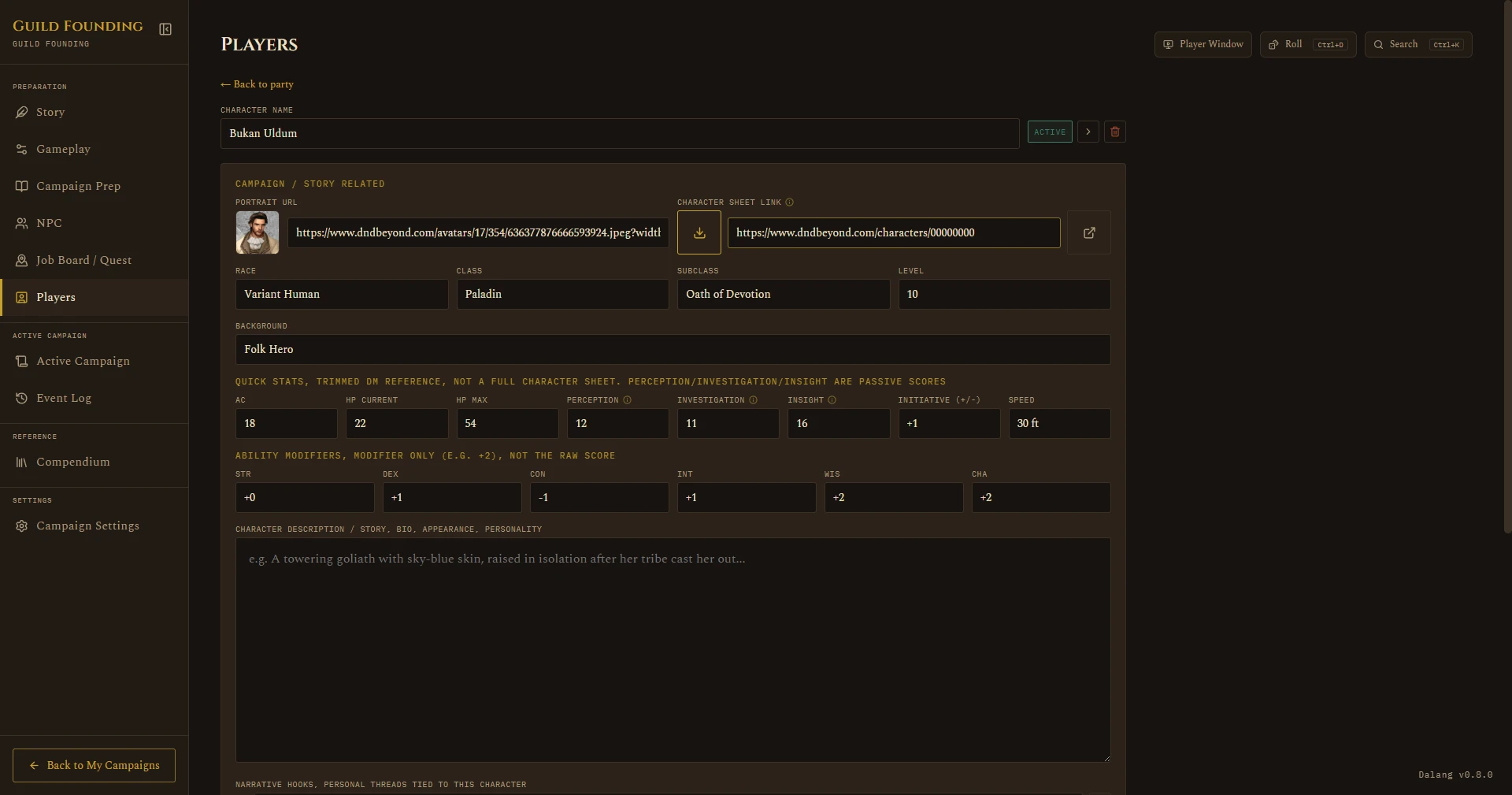 Character sheet link field with a D&D Beyond URL pasted in, import button ready