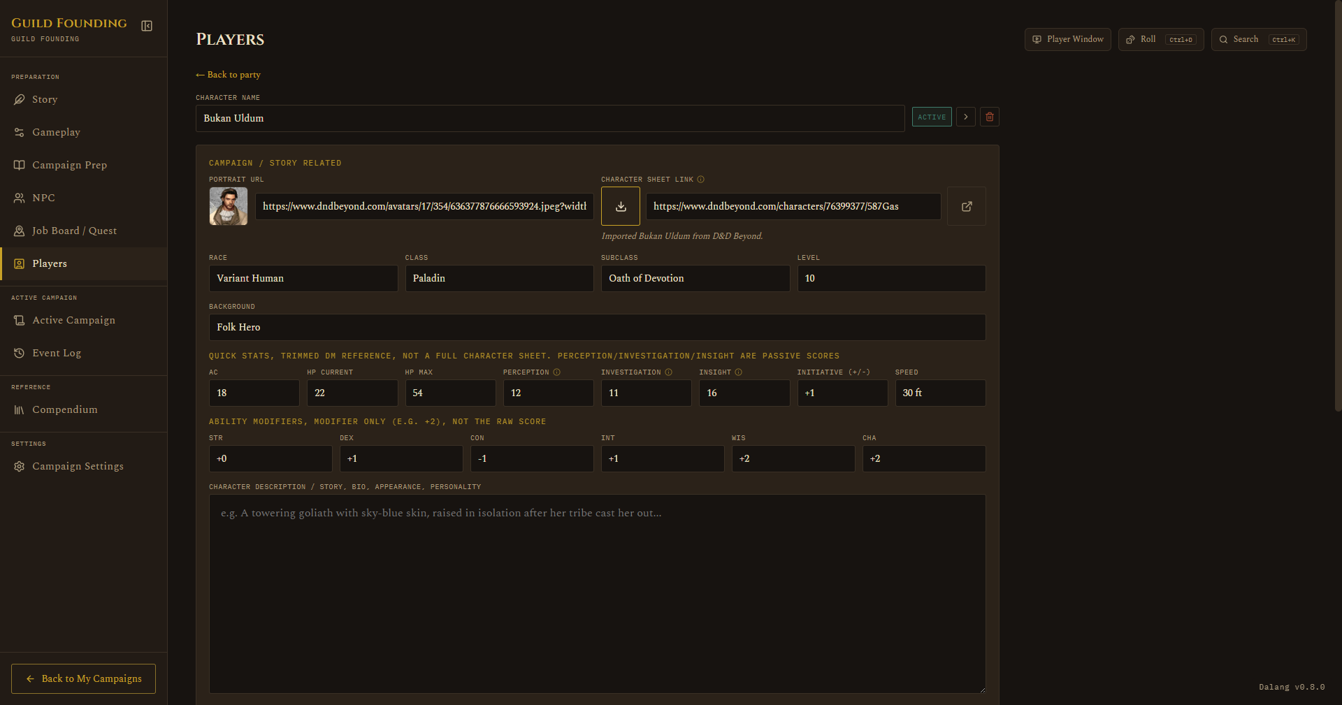Populated Player record after a successful D&D Beyond import, with an Imported confirmation message