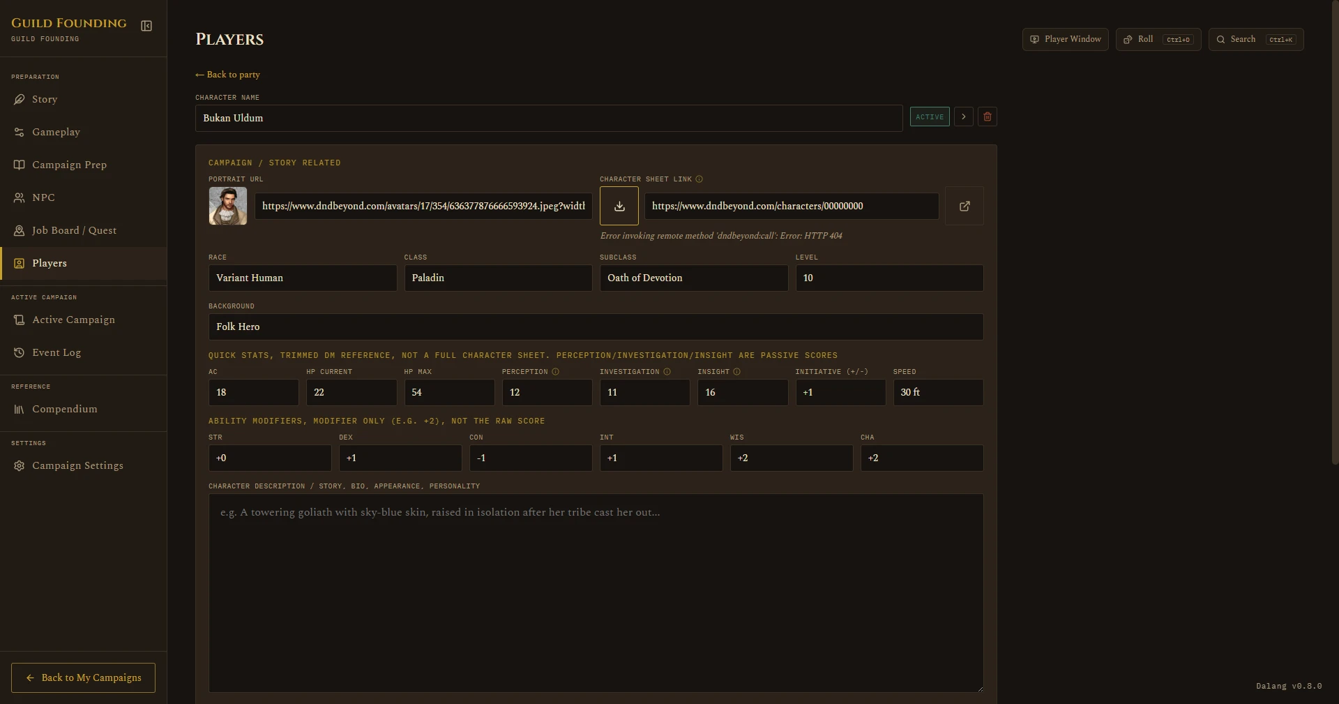 Import error message shown inline under the Character sheet link field