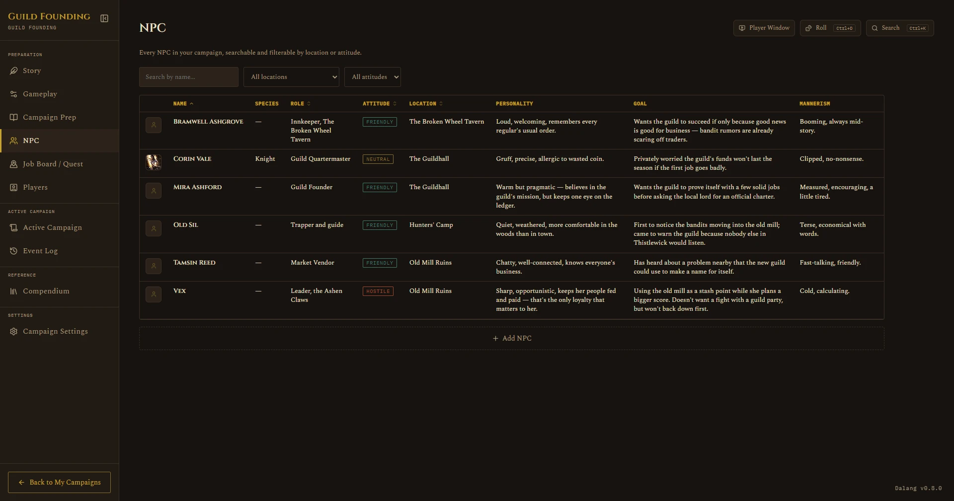 NPC roster table with the new Species column, showing Knight for one linked NPC