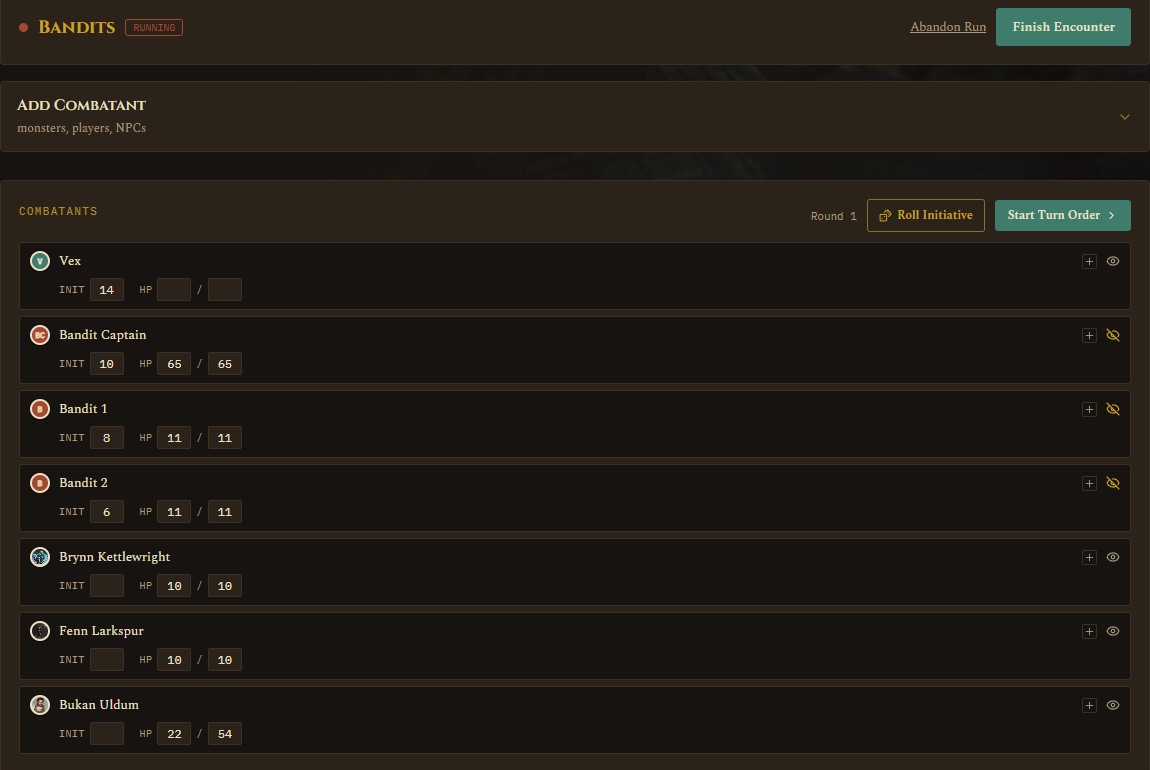 Combatants list with inline condition and hide-from-players controls on each row