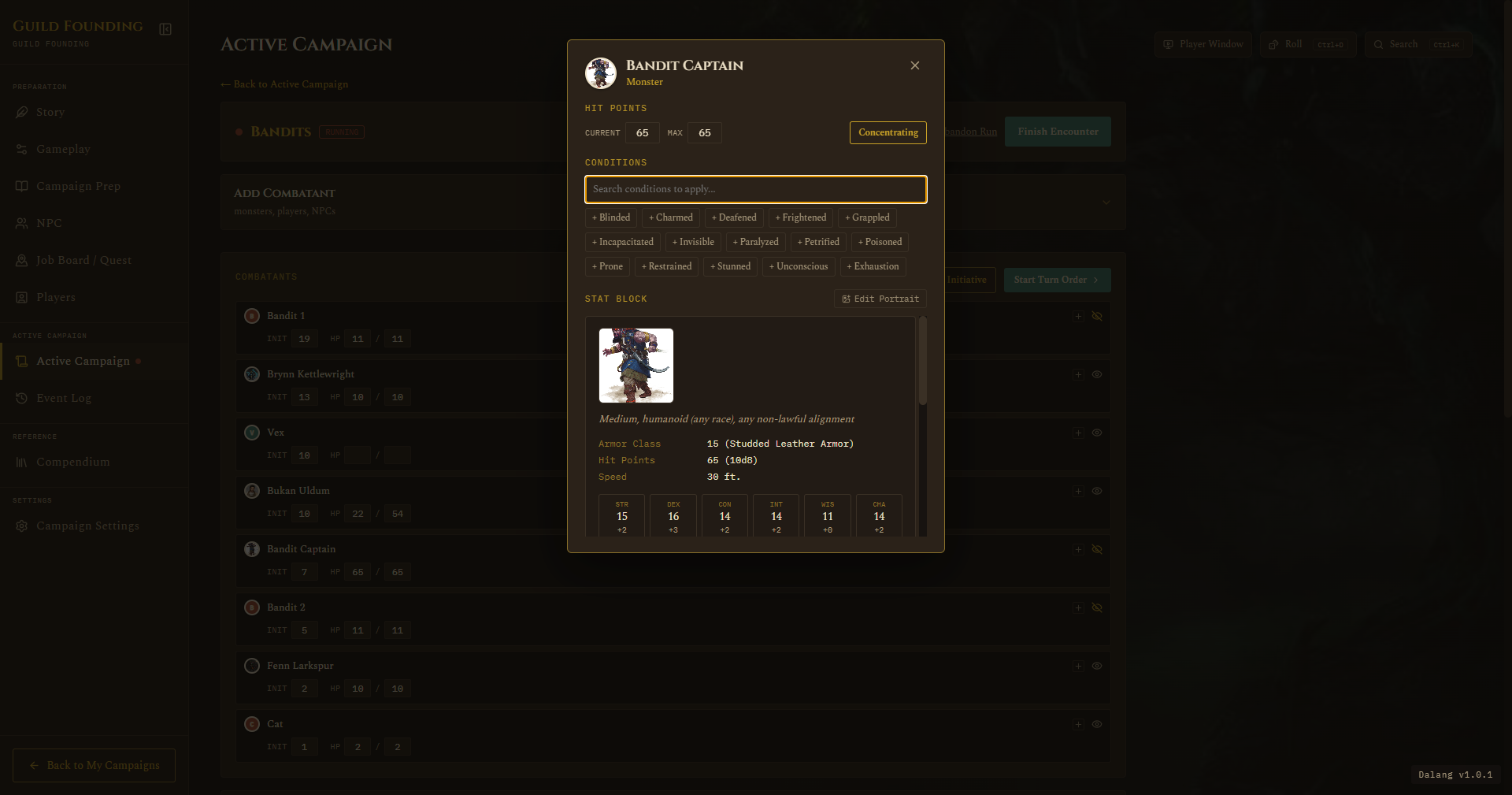 A monster's Quick-Info popup with Edit Portrait open above its stat block