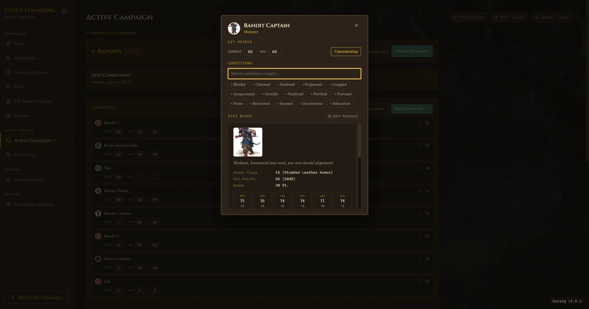 A monster's Quick-Info popup with Edit Portrait open above its stat block