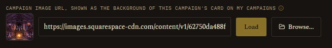Campaign Image URL field with a thumbnail preview, Load button, and Browse button