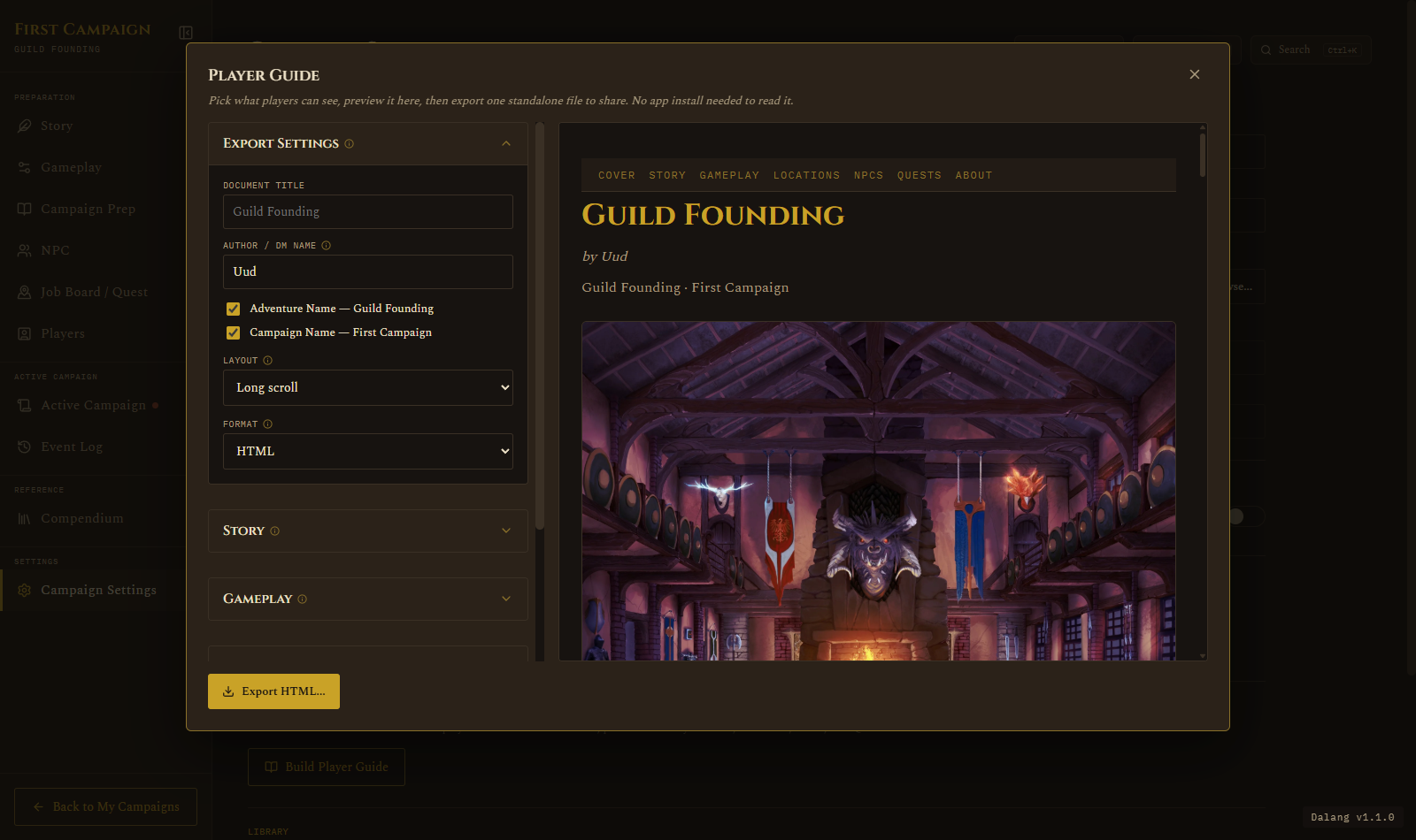 Player Guide modal with the export checklist on the left and a live preview of the cover page on the right