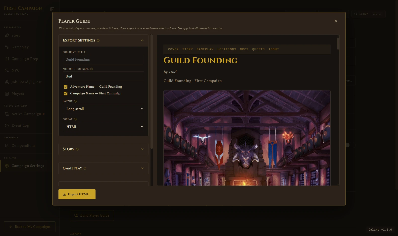 Player Guide modal with the export checklist on the left and a live preview of the cover page on the right