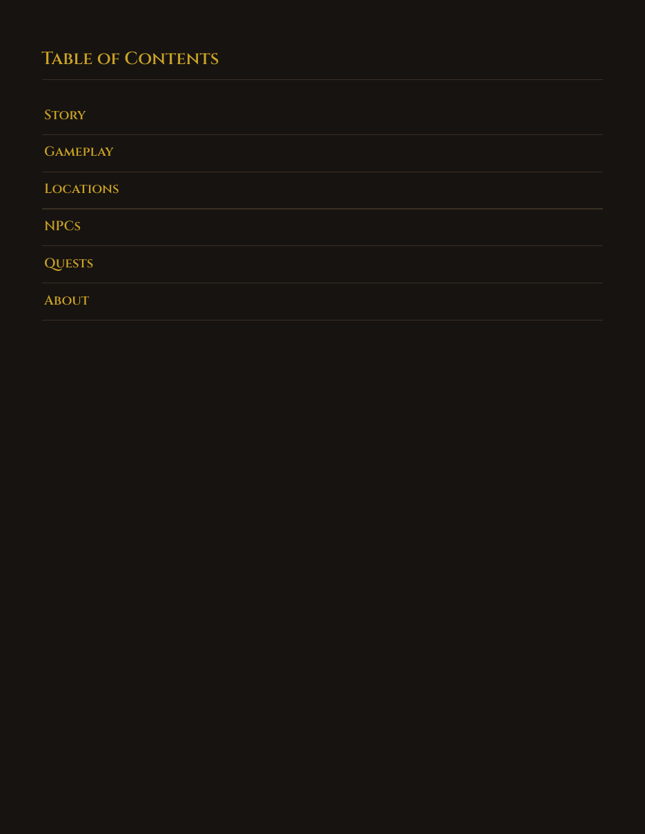 The PDF's Table of Contents page, listing Story, Gameplay, Locations, NPCs, Quests, and About as clickable links