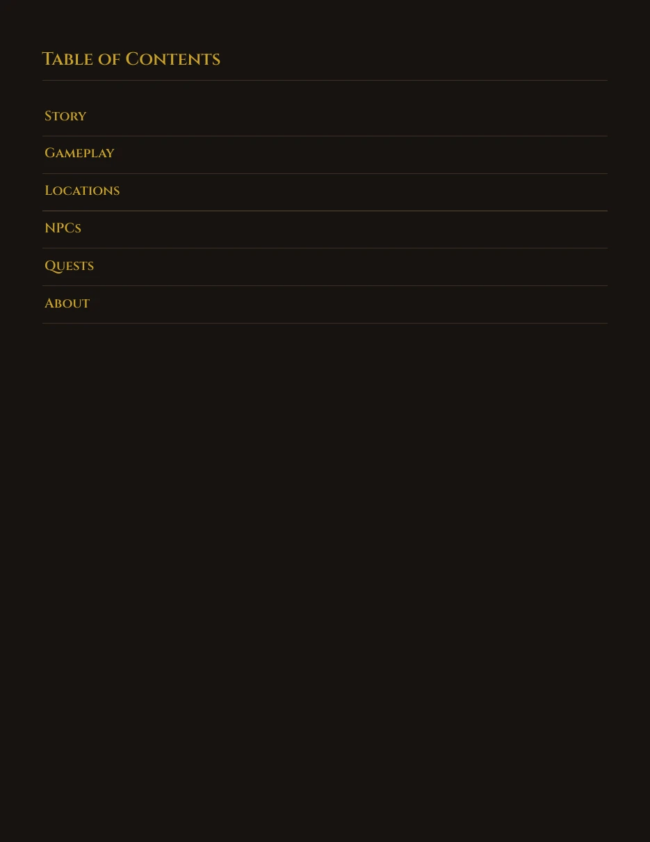The PDF's Table of Contents page, listing Story, Gameplay, Locations, NPCs, Quests, and About as clickable links