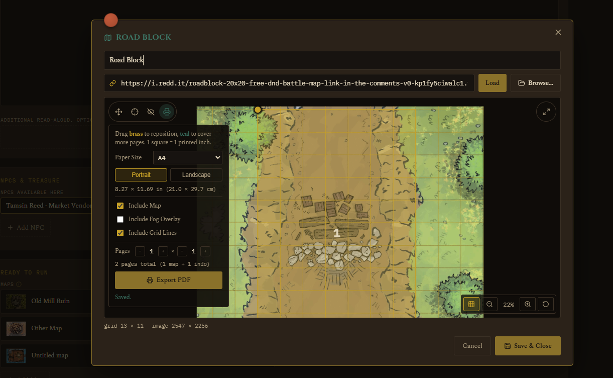 Print mode with the page overlay positioned on the map, paper size and orientation controls, and the Export PDF button