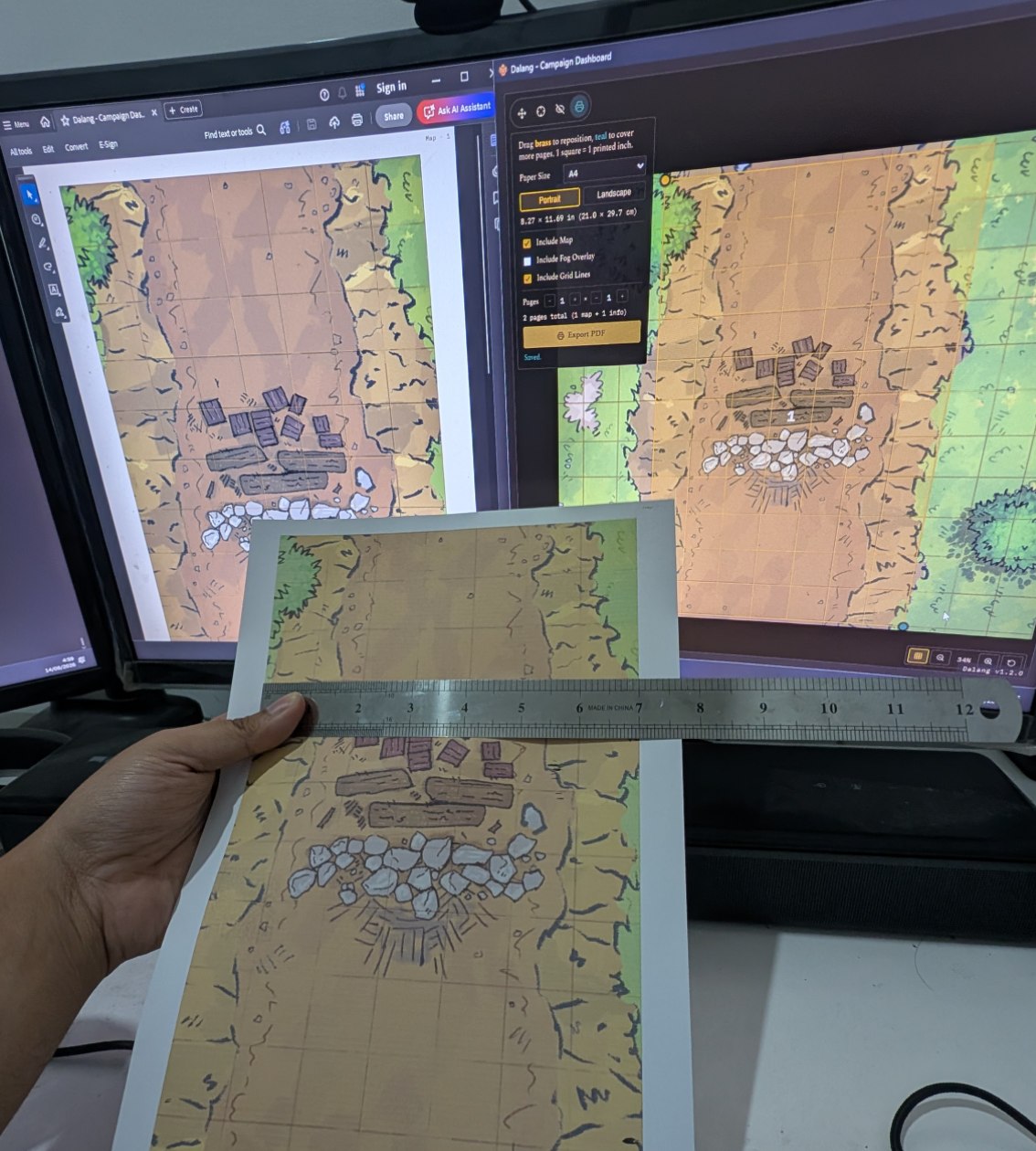 A real printed A4 map page held up against the screen, a physical ruler laid across it showing each grid square measures exactly 1 inch