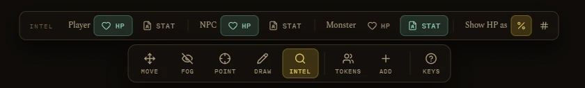Intel tool open, Player, NPC, Monster rows and the Show HP as choice