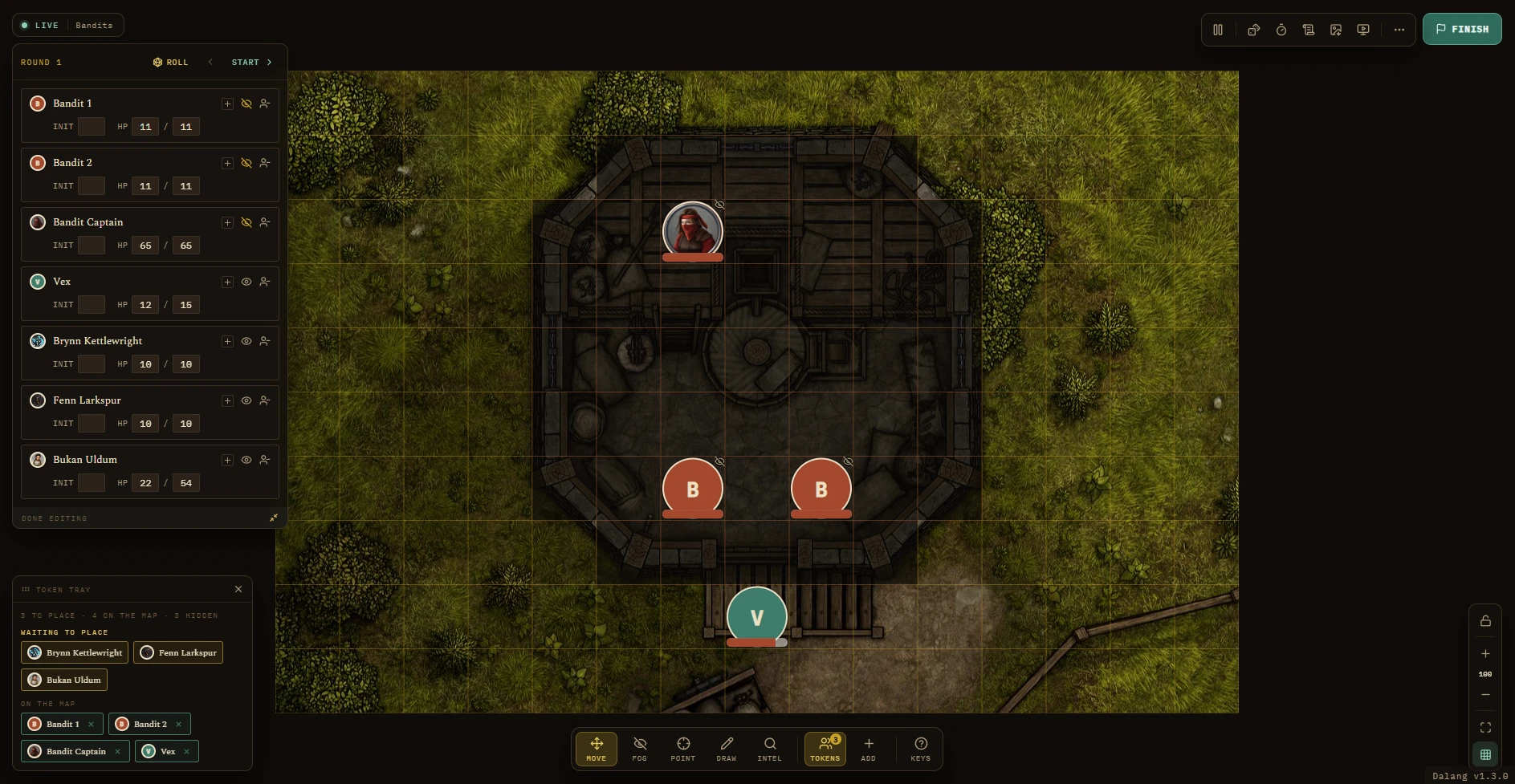 The fullscreen Live Run: status readout top left, session rail top right, command bar bottom