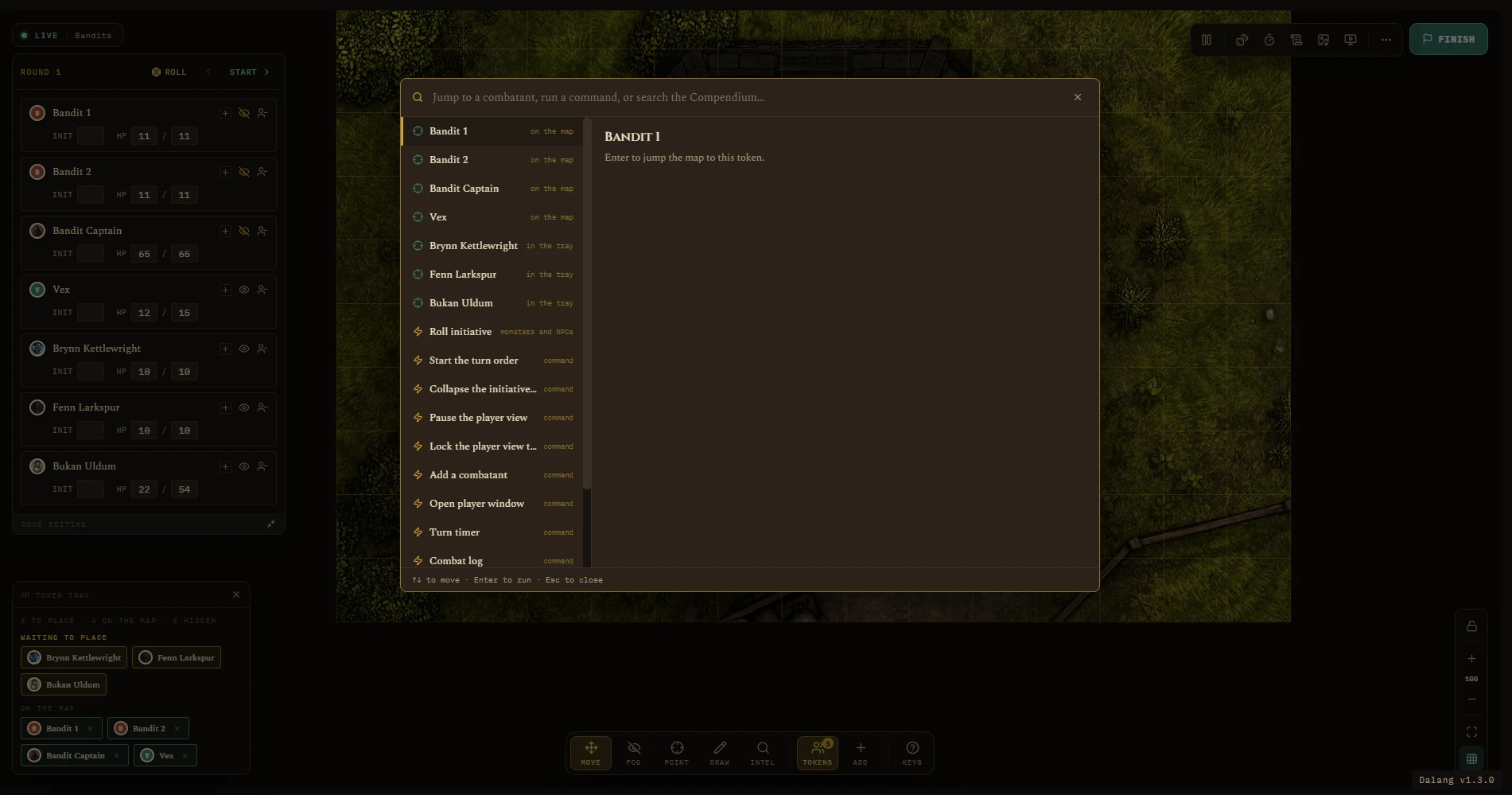 Ctrl+K command palette open mid-run, listing combatants and session commands