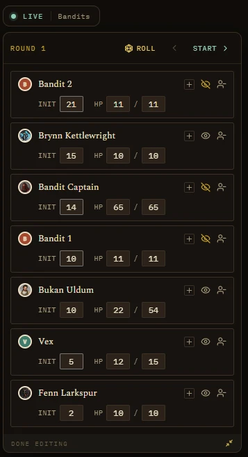 Initiative tray expanded, per-combatant HP, conditions, hide, and remove