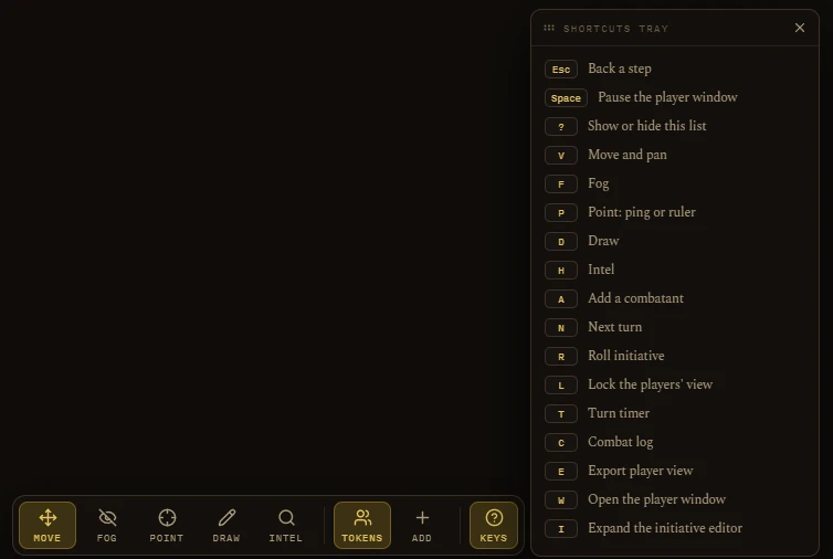 Keyboard shortcuts tray