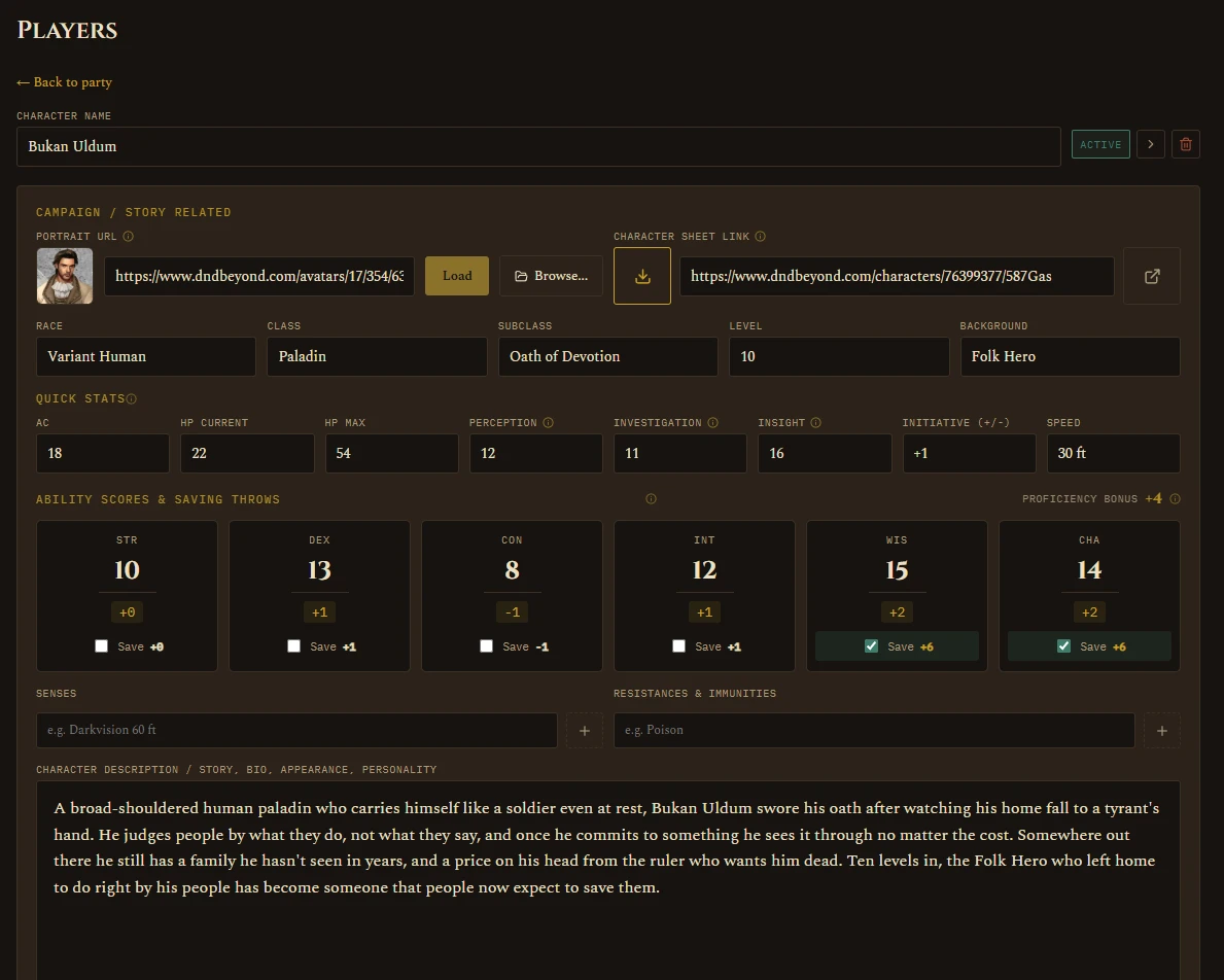 Player detail, Ability Scores and Saving Throws section