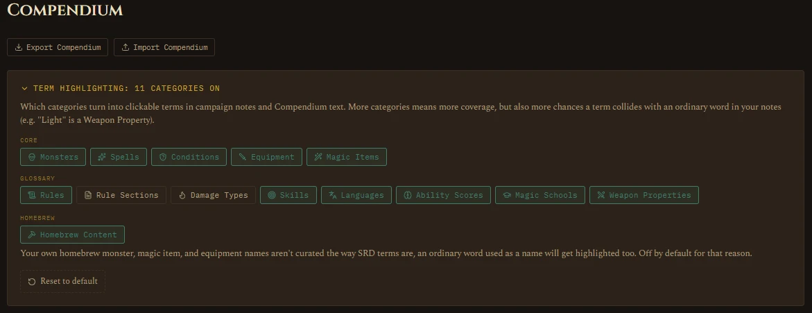 Compendium Settings, the Homebrew term-highlighting toggle