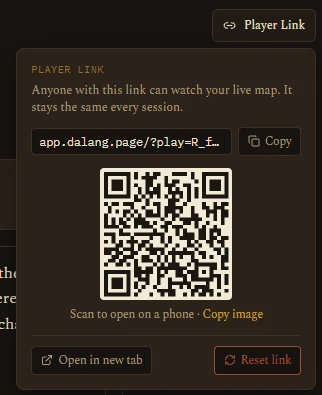 The Player Link panel: QR code, copy link, and reset link